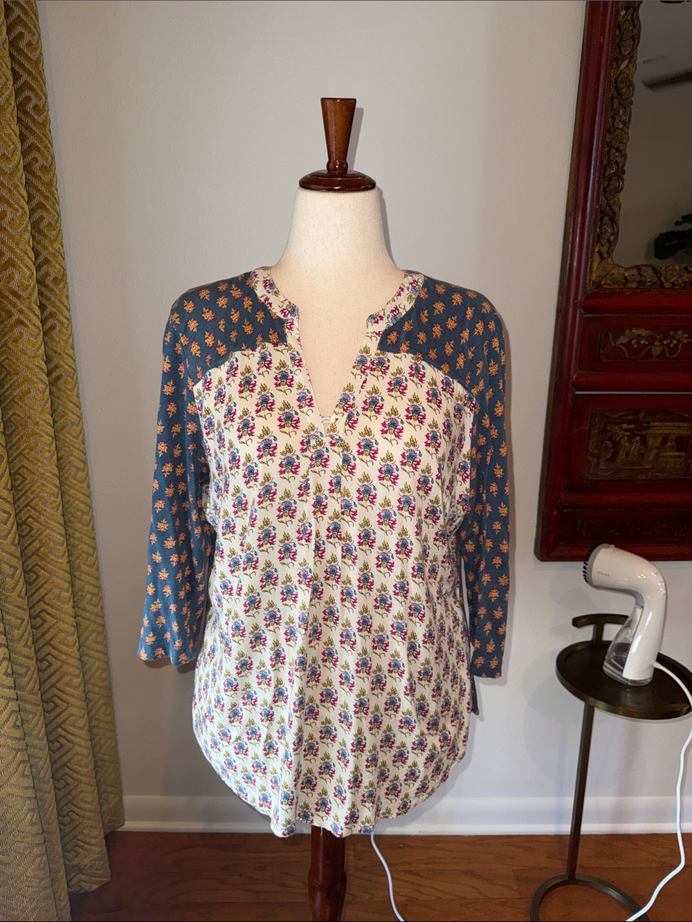 Maeve Floral Patchwork V-Neck Tunic - Blue and Cream